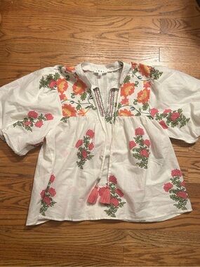 THML Sz L White Pink Floral Patterned Cotton Blouse Top W/ Statement Sleeves